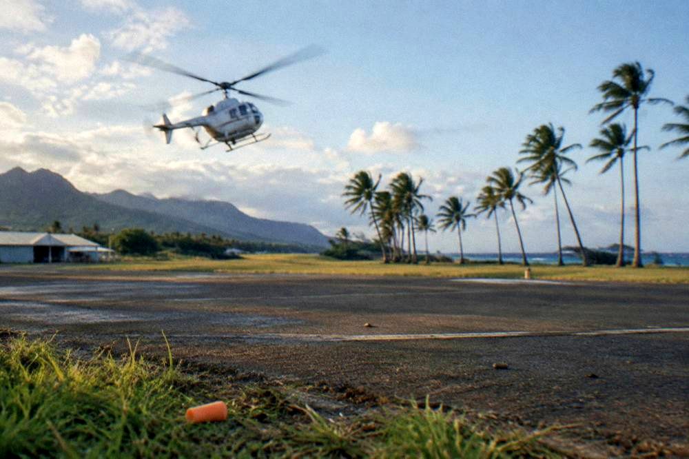 A helicopter lifting off from a heliport near the coast